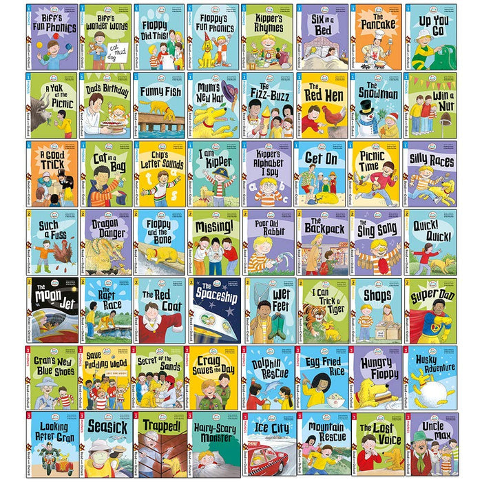 Biff Chip & Kipper Read with Oxford Phonics Stage 1,2,3 Collection 56 Books Set(Stage 1 First Step , Stage 2 Early Reader , Stage 3 Growing Reader) - The Book Bundle