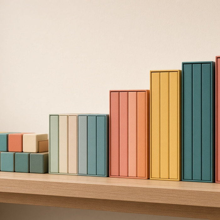 A pastel staircase of children's book box sets arranged from baby board books to teen novels