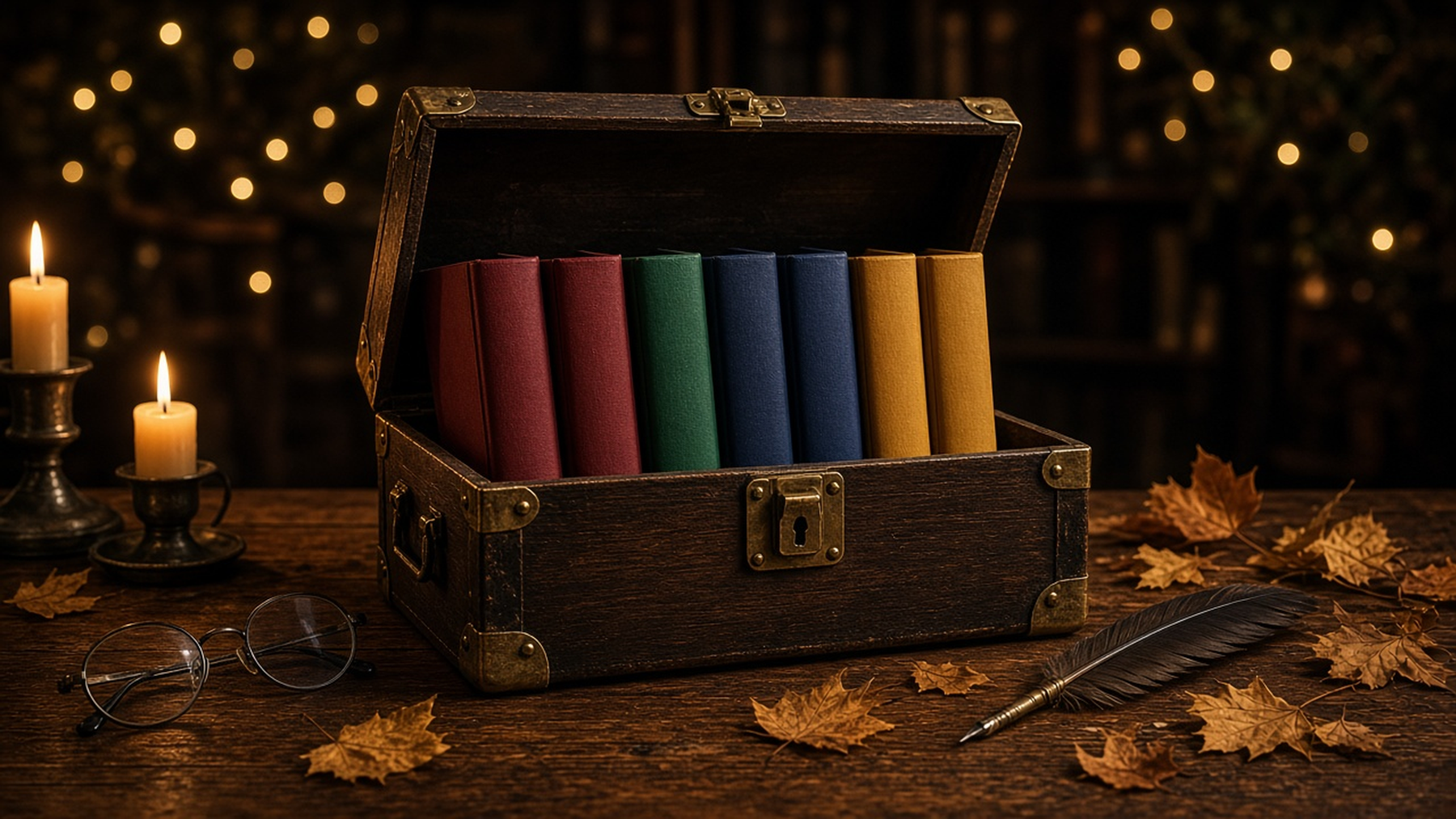 An open trunk of colourful book spines lit by candles among autumn leaves