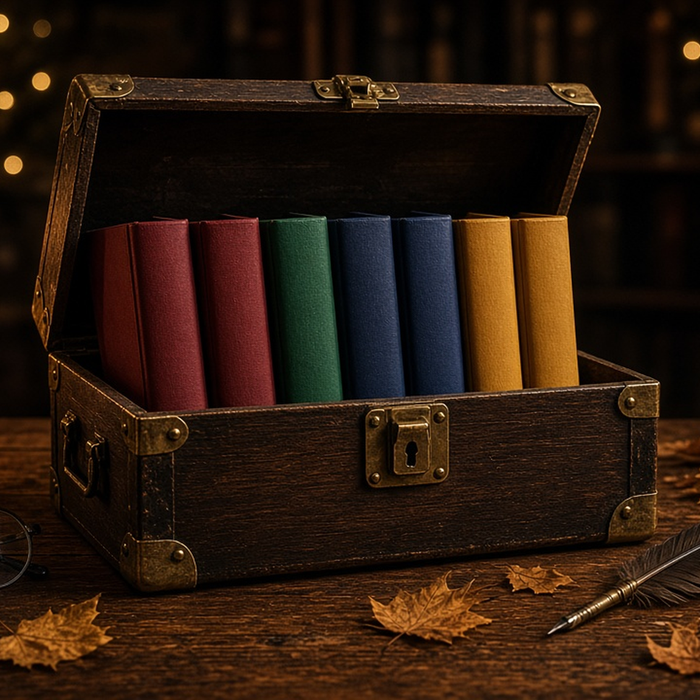 An open trunk of colourful book spines lit by candles among autumn leaves