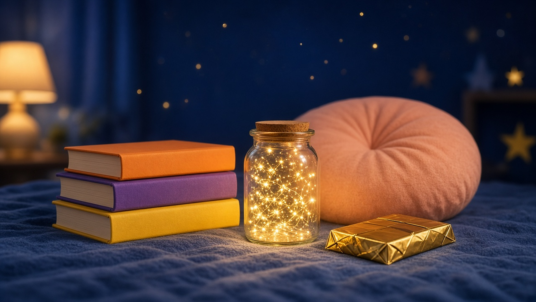 Colourful children's books with a golden bar, a glowing jar and a giant peach-shaped cushion