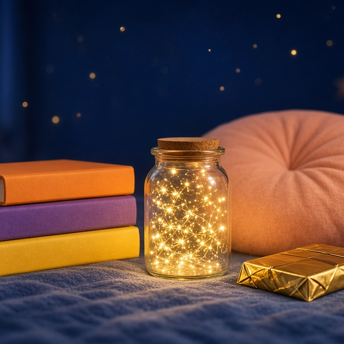 Colourful children's books with a golden bar, a glowing jar and a giant peach-shaped cushion