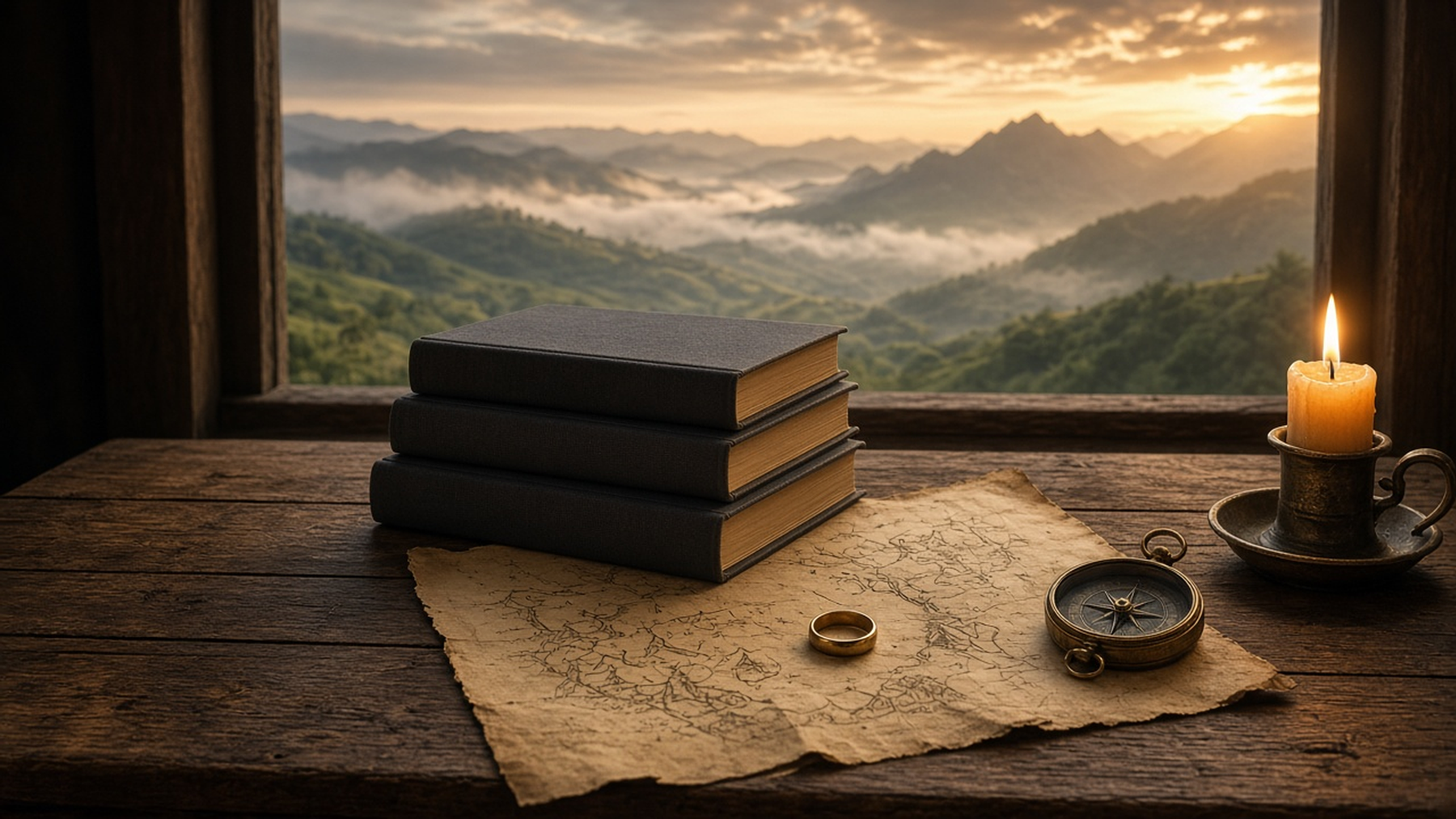 Dark fantasy books on a desk with a candle and a window view of misty mountains
