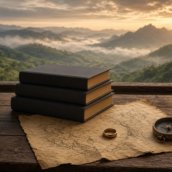 Dark fantasy books on a desk with a candle and a window view of misty mountains