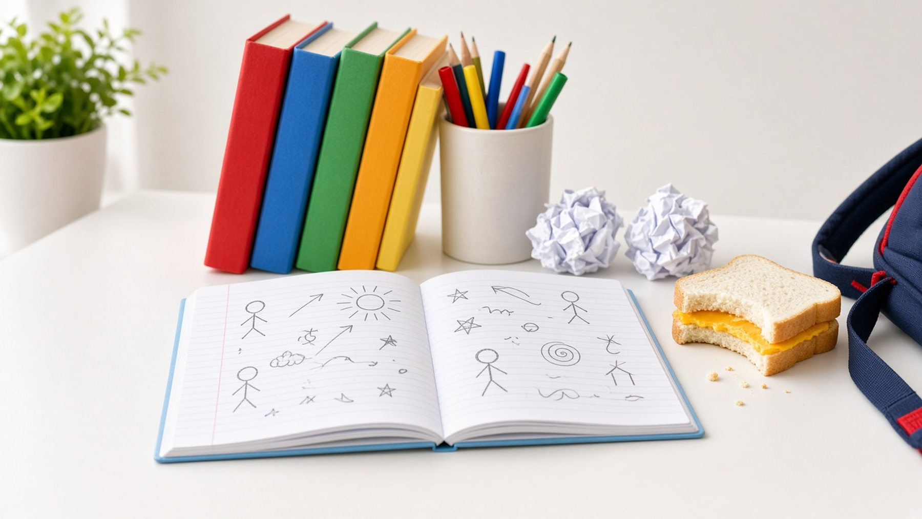 Bright book spines, a doodle notebook and pencils on a white desk