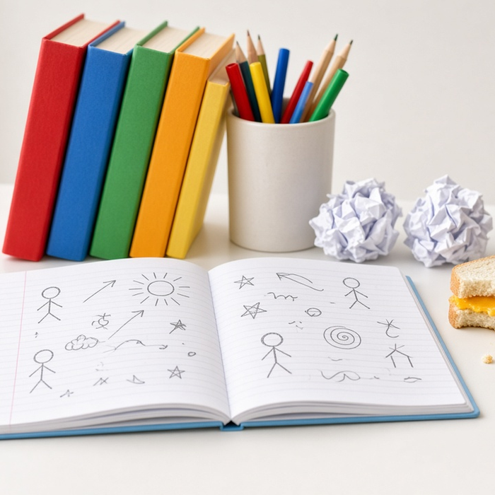 Bright book spines, a doodle notebook and pencils on a white desk