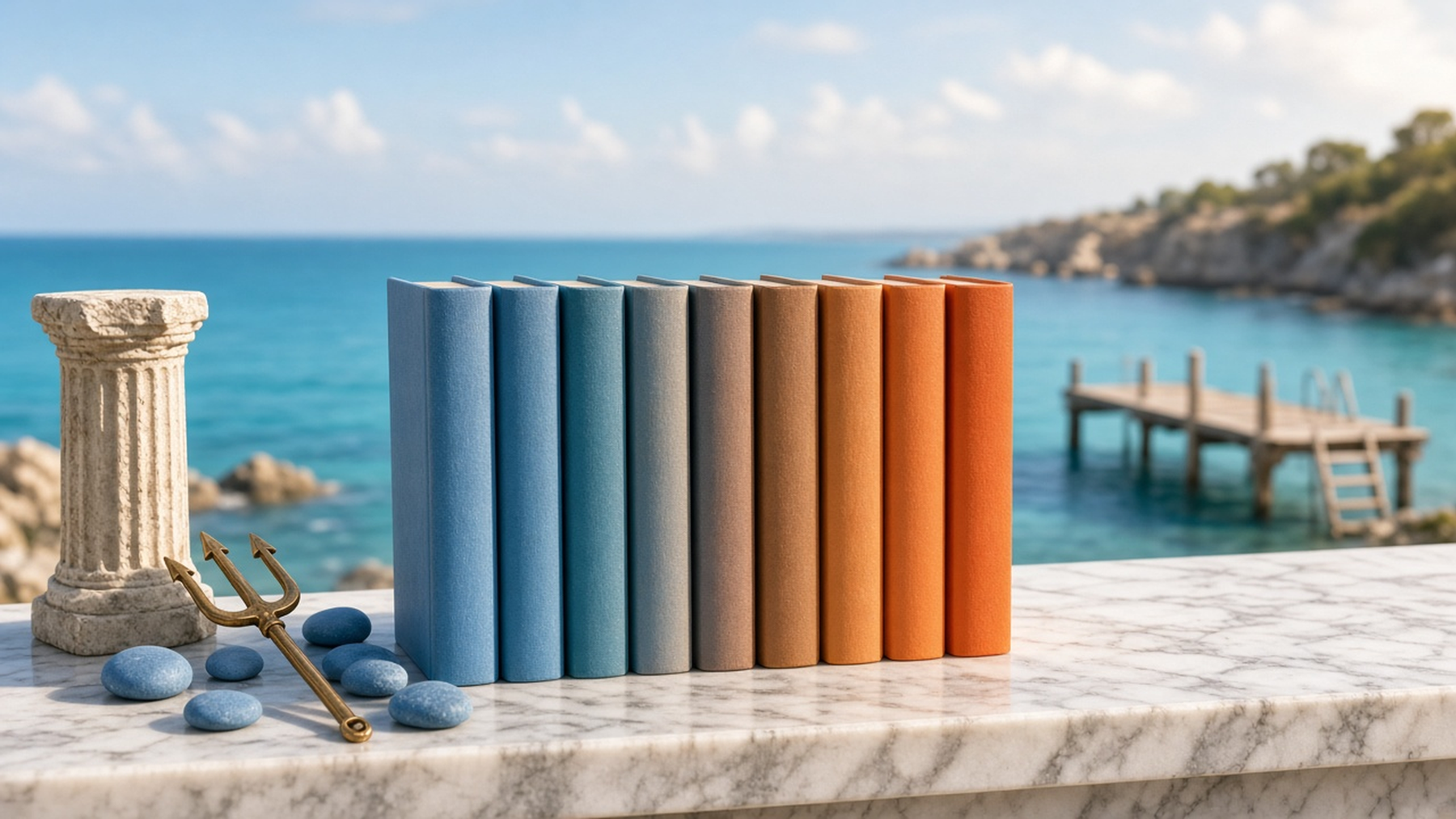 Blue and orange books by the sea with a Greek column and a trident