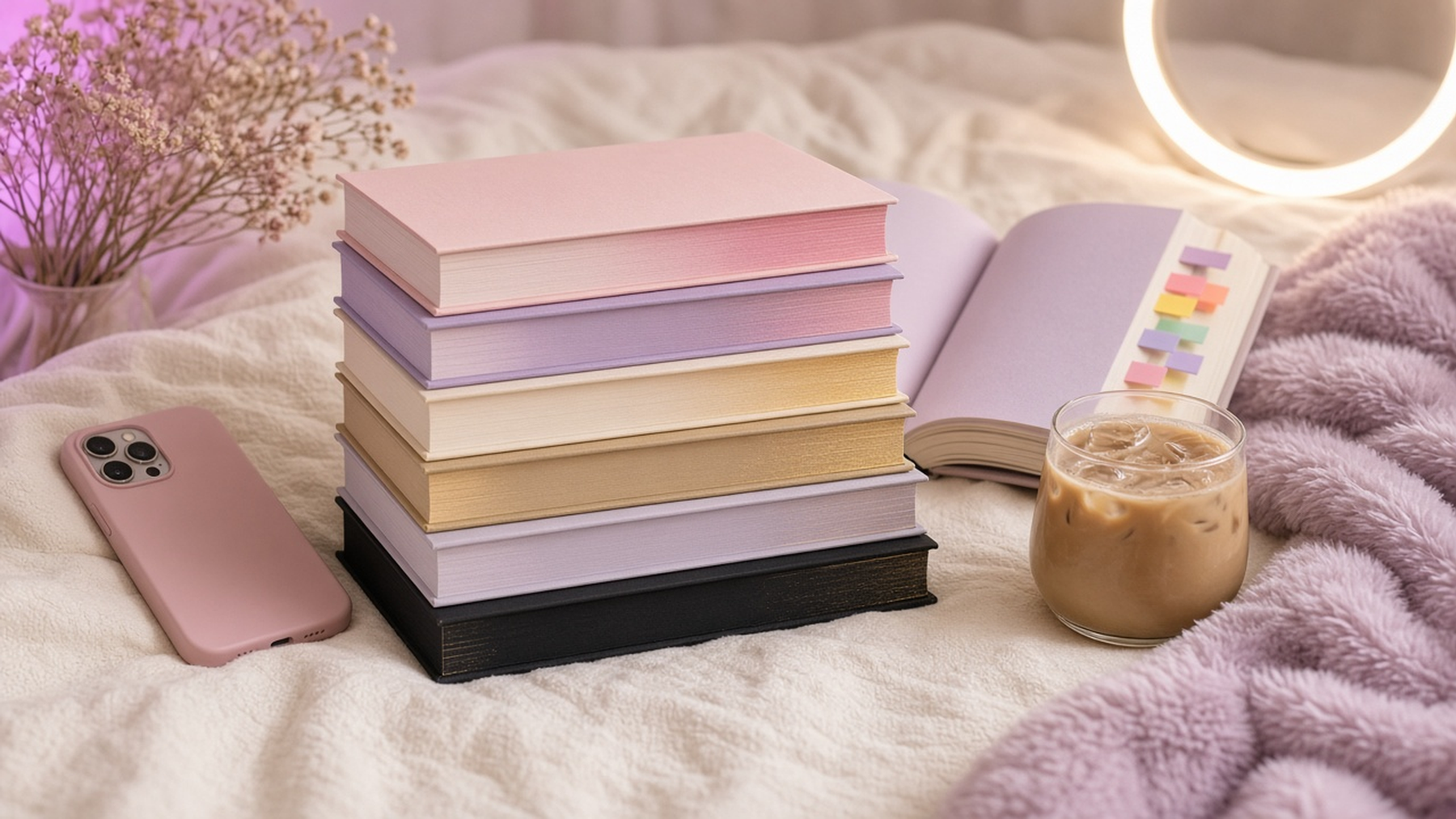 Pastel sprayed-edge paperbacks on a lilac blanket with a phone and candle