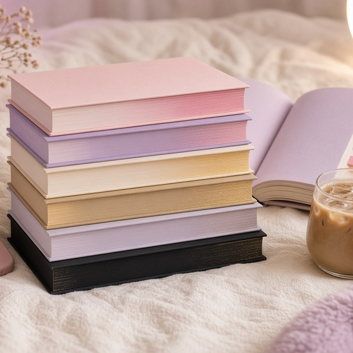 Pastel sprayed-edge paperbacks on a lilac blanket with a phone and candle