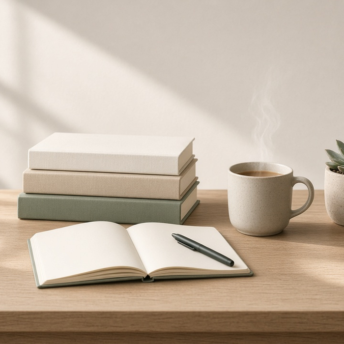 Sage-green non-fiction books on a tidy desk with a notebook and plant