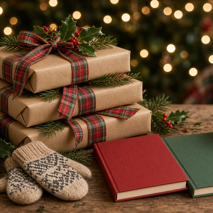 Tartan-wrapped presents, children's books, mittens and hot chocolate under fairy lights