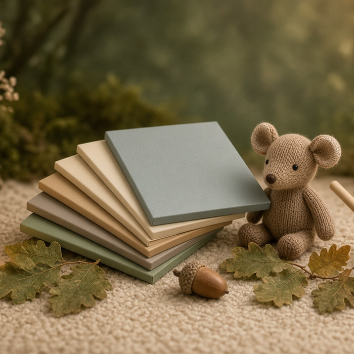 Pastel picture books with a teddy bear and a moon lamp on a cosy rug