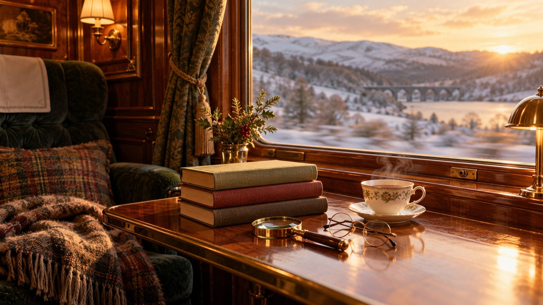 Agatha Christie books to start with on a vintage train table with tea