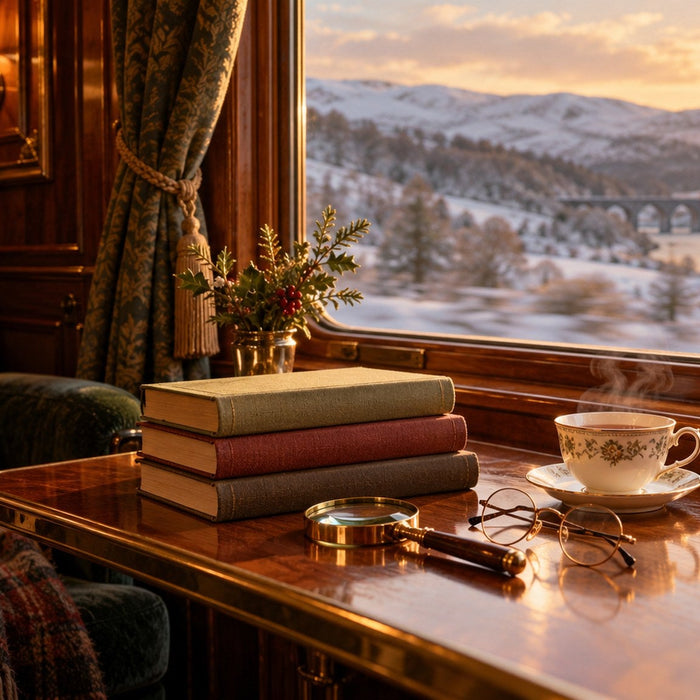 Agatha Christie books to start with on a vintage train table with tea