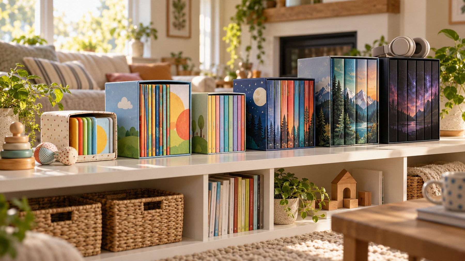 Children's book box sets arranged by age on a shelf, from baby board books to teen novels