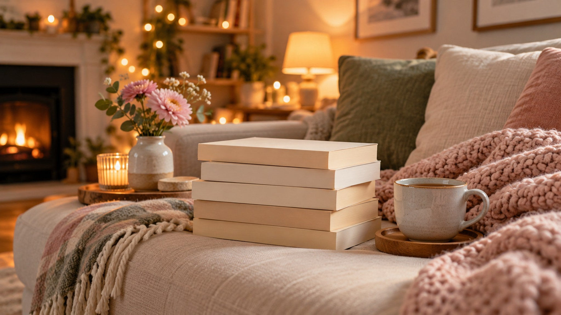 Colleen Hoover books in order stacked on a sofa with a blanket and a cup of tea