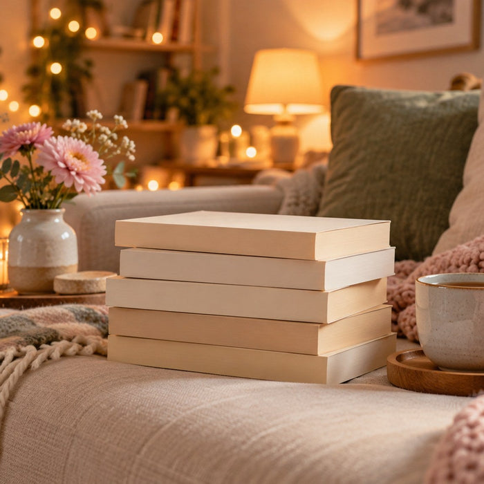 Colleen Hoover books in order stacked on a sofa with a blanket and a cup of tea