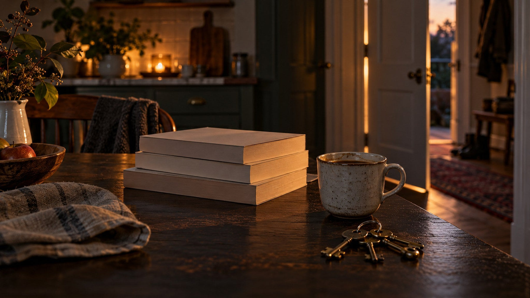 Freida McFadden thrillers in order on a dark table beside a mug and a set of keys