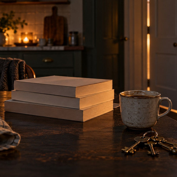 Freida McFadden thrillers in order on a dark table beside a mug and a set of keys