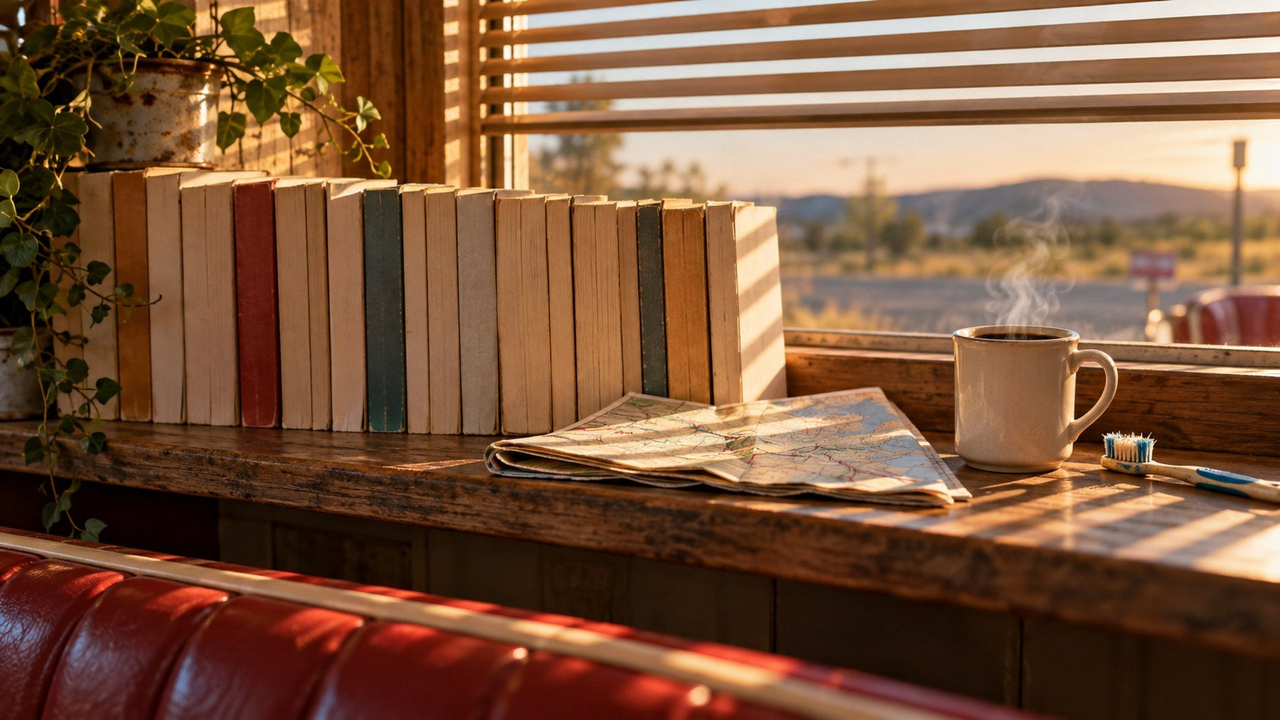 Jack Reacher books in order lined up on a wooden shelf with a road map and coffee