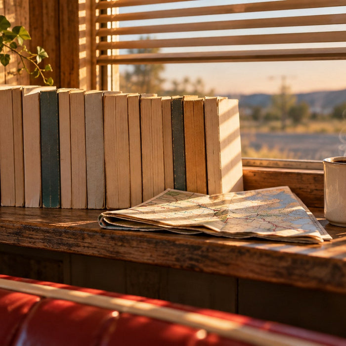 Jack Reacher books in order lined up on a wooden shelf with a road map and coffee
