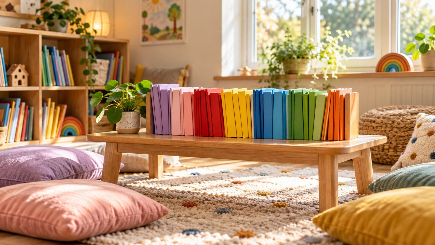 Coloured book band reading books arranged in a rainbow on a classroom table