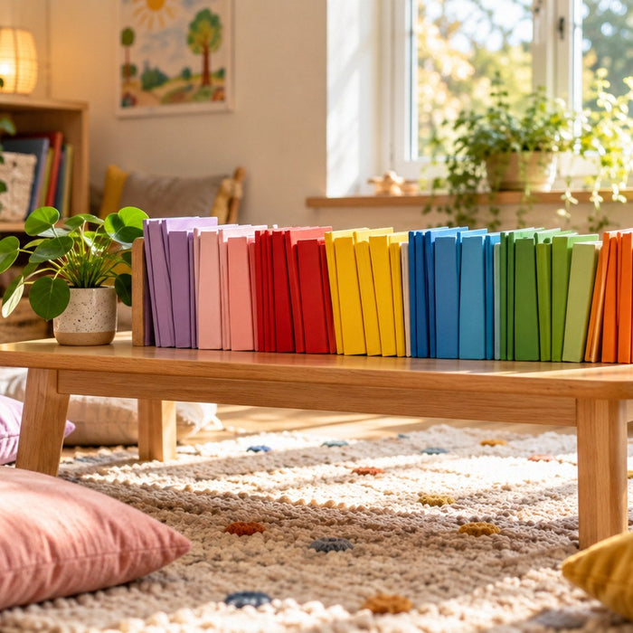 Coloured book band reading books arranged in a rainbow on a classroom table