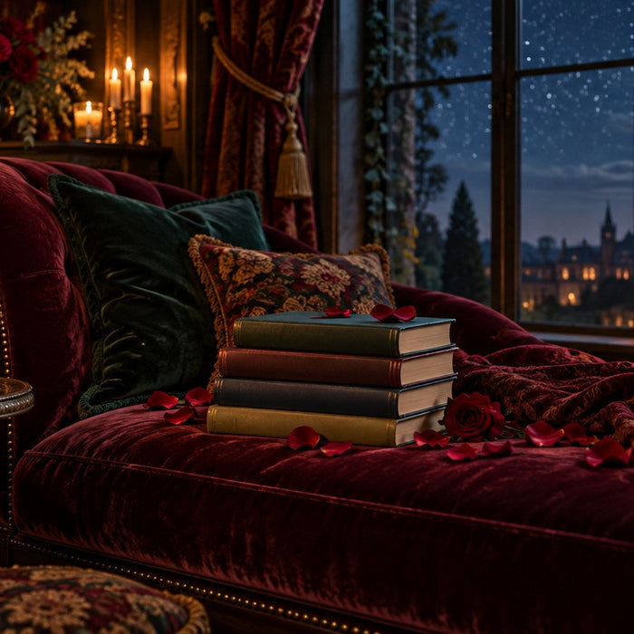 Sarah J. Maas books in order stacked by candlelight beside pressed roses