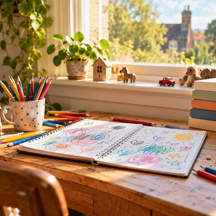 Tom Gates books in order on a child's desk with doodles, pencils and biscuits