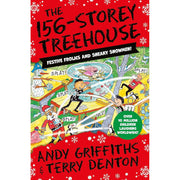 Colorful illustration from The 156-Storey Treehouse by Andy Griffiths, featuring festive decorations and cartoon characters.