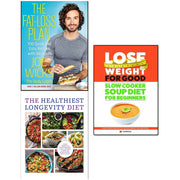 Blue paperback set of Joe Wicks and Chartwell Books' Fat Loss Plan, Longevity Diet, and Soup Diet beginner cookbooks with colorful covers.