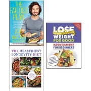Three paperback books from the Fat Loss Plan collection by Joe Wicks and Iota, featuring longevity, blood sugar, and healthy dieting tips.