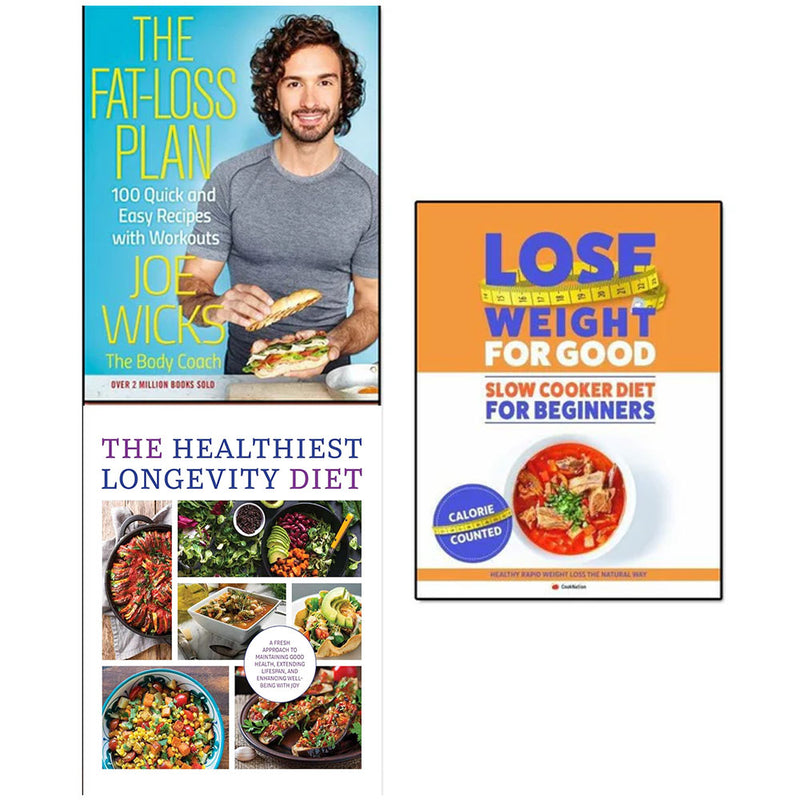 Set of three paperback books on fat loss, longevity diet, and health by Joe Wicks and Iota Publishing, featuring colorful covers.