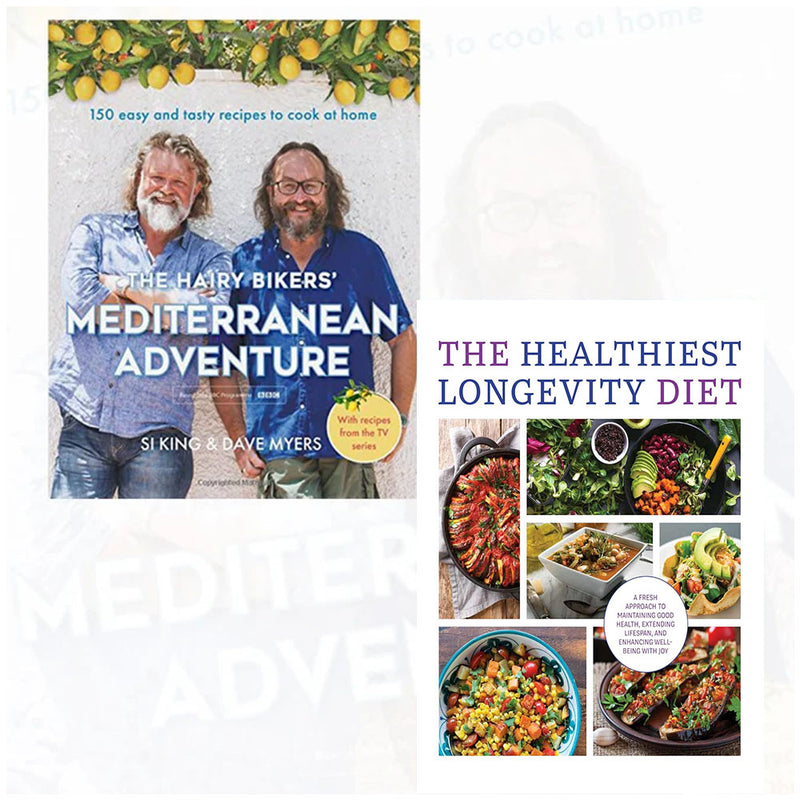 The Hairy Bikers' Mediterranean Adventure and The Healthiest Longevity Diet books set, featuring colorful covers and healthy eating tips.