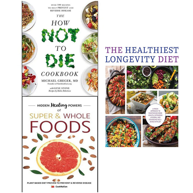 Three paperback books from the How Not to Die Cookbook and longevity diet collection by Dr. Michael Greger and Chartwell Books.