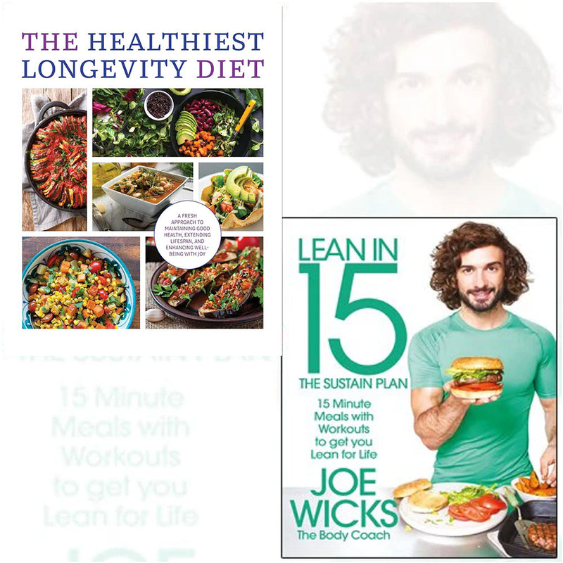 Two paperback books from the Lean In 15 The Sustain Plan collection by Joe Wicks and Chartwell Books, focusing on healthy longevity diets.