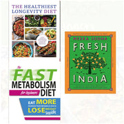 Set of three non-fiction books by Meera Sodha and Chartwell Books on the Fast Metabolism Diet, featuring colorful book covers and titles.