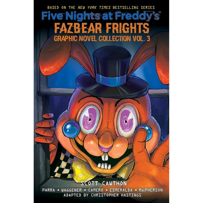 Five Nights at Freddy's Fazbear Frights graphic novel collection set by Scott Cawthon, featuring colorful book covers from Vol 1-3.