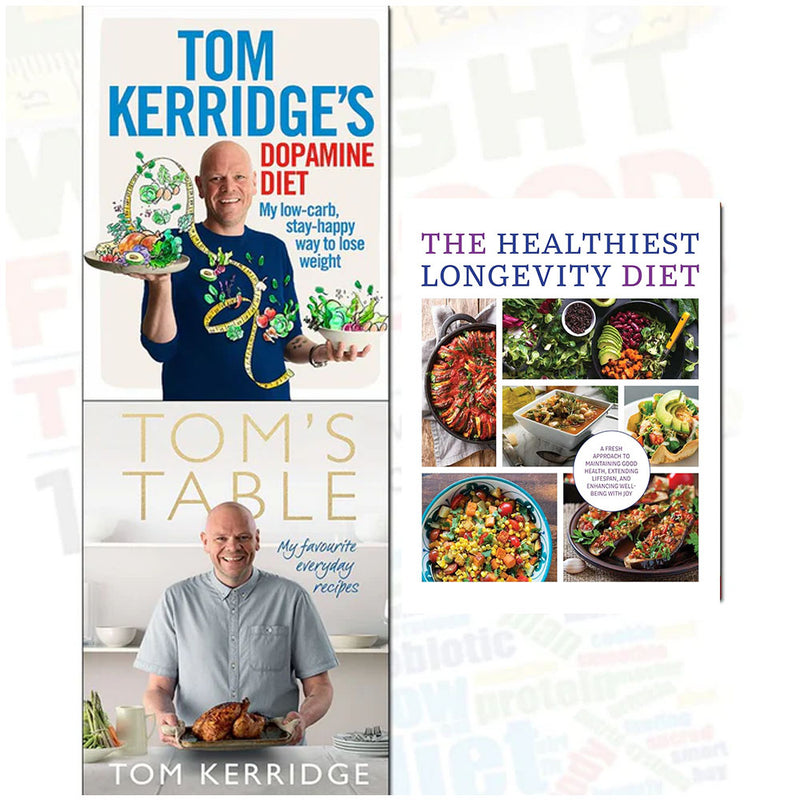 Set of three nonfiction diet books by Tom Kerridge and Iota, including The Healthiest Longevity Diet and Dopamine Diet, in mixed formats.