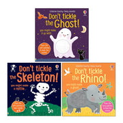 Touchy Feely Sound Books Series 3 set featuring Ghost, Skeleton, and Rhino with tactile pages by Usborne Publishing and Sam Taplin.