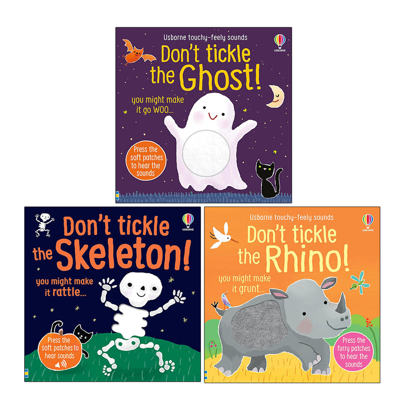 Touchy Feely Sound Books Series 3 set featuring Ghost, Skeleton, and Rhino with tactile pages by Usborne Publishing and Sam Taplin.