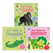 Touchy-feely sound books by Sam Taplin featuring Gorilla!, Crocodile!, and Dinosaur! from the Don't Tickle collection by Usborne Publishing.