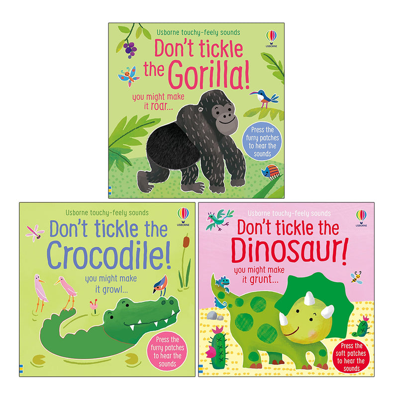 Touchy-feely sound books by Sam Taplin featuring Gorilla!, Crocodile!, and Dinosaur! from the Don't Tickle collection by Usborne Publishing.