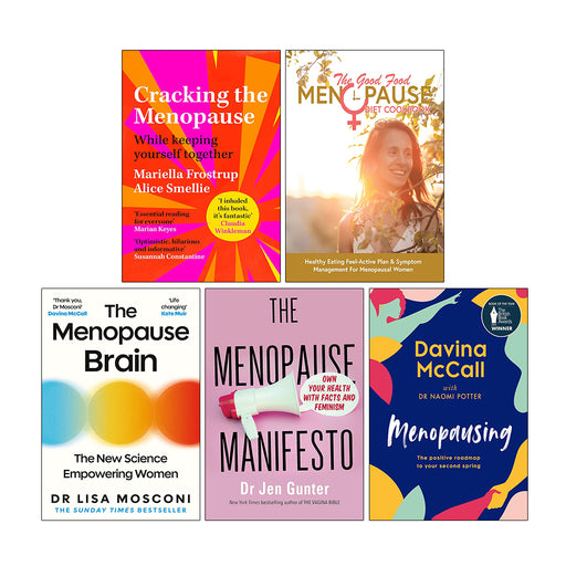 Collection of five non-fiction books on menopause by Mariella Frostrup, Dr. Lisa Mosconi, and Davina McCall, in mixed formats.