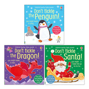 Three Touchy Feely Sound Books by Sam Taplin from Usborne Publishing, featuring Penguin, Dragon, and Santa themes, with textured pages.
