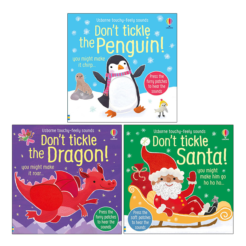 Three Touchy Feely Sound Books by Sam Taplin from Usborne Publishing, featuring Penguin, Dragon, and Santa themes, with textured pages.