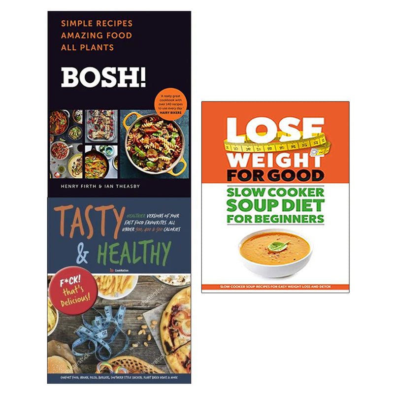 Set of three health and recipe books by Bosh, featuring simple recipes, weight loss tips, and healthy eating from Iota Publishing.