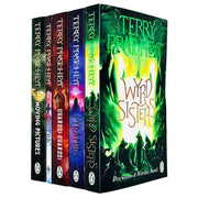 Set of five Discworld paperback books by Terry Pratchett featuring colorful cover art, part of the Corgi editions collection.