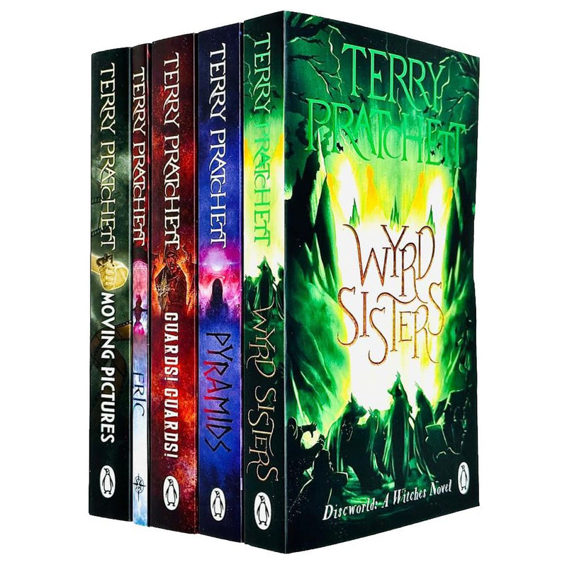 Set of five Discworld paperback books by Terry Pratchett featuring colorful cover art, part of the Corgi editions collection.