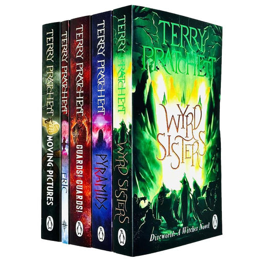 Set of five Discworld paperback books by Terry Pratchett featuring colorful cover art, part of the Corgi editions collection.
